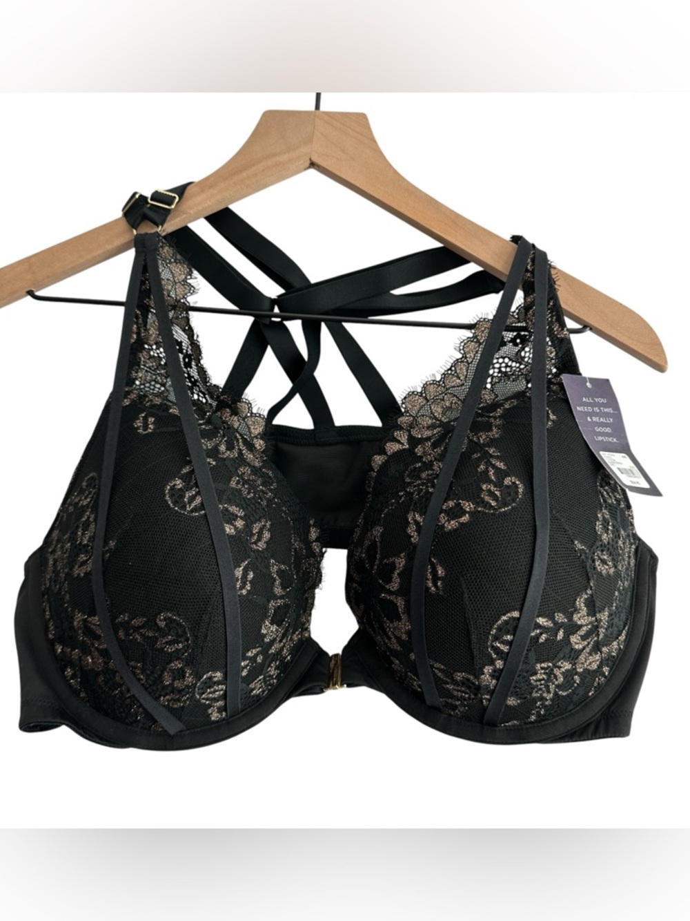 Cacique Black Lace Plunge Bra 44C Front Clasp Strappy Boost Cage New‎
